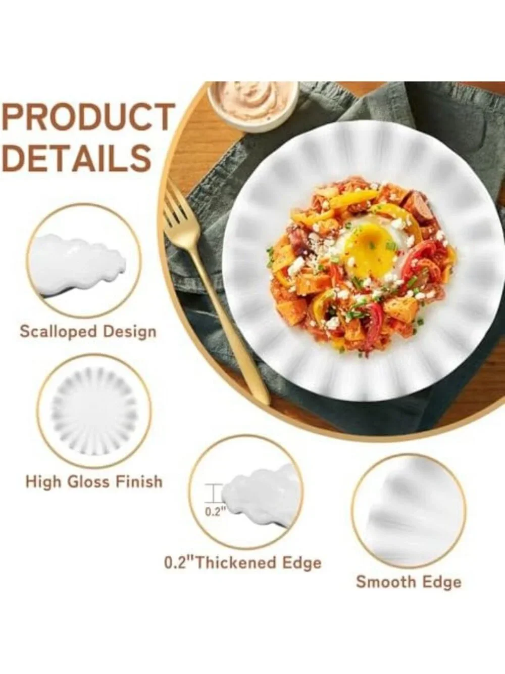 Set of 4 Unbreakable Scalloped Edge Melamine Dinner Plates - Shatter-Proof